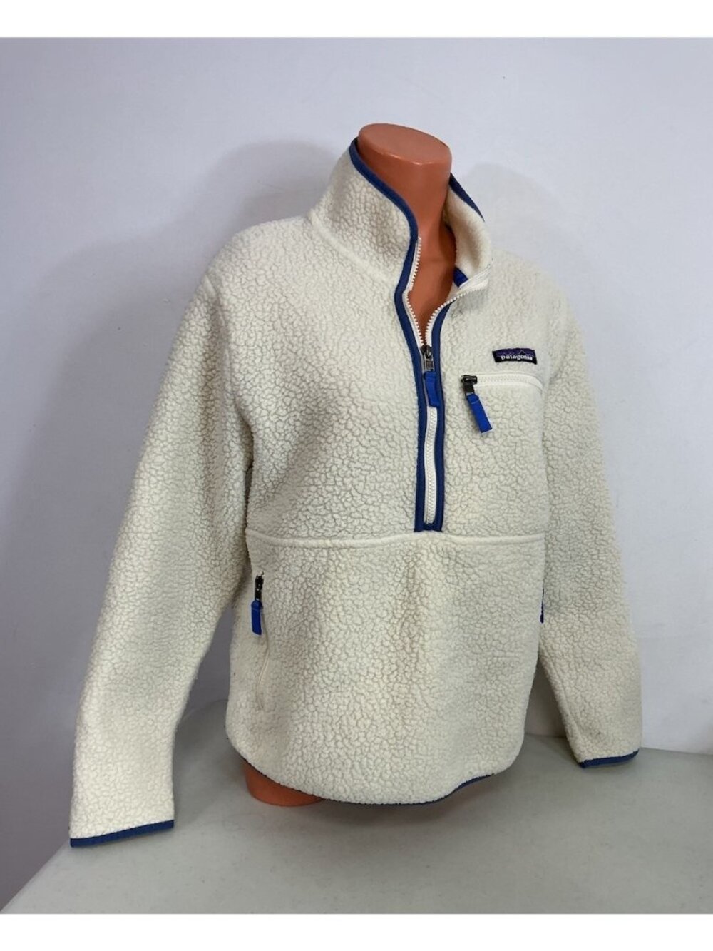 Patagonia Retro Marsupial Fleece Pullover Zip Ivory White Blue Womens Medium